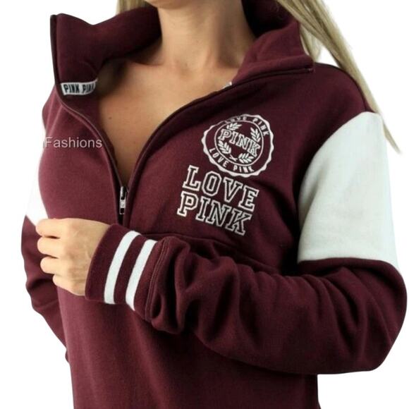 Victoria's Secret Pink Jackets & Blazers - Victoria Secret Pink 1/4 Zip Jacket L Purple White Logo Varsity HOCO School Coat